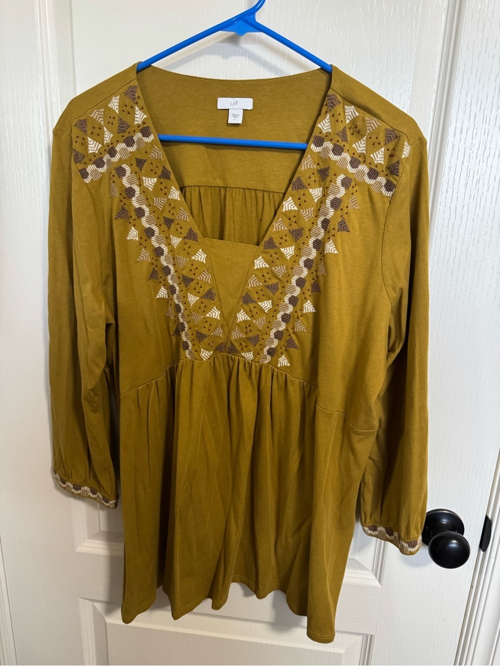 J. Jill Embroidered Boho Tunic Top Mustard Yellow Cotton Modal Blend Size L